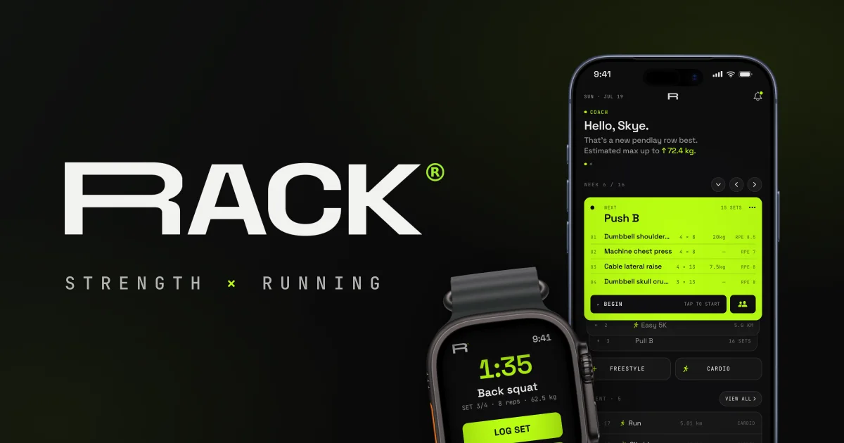 RACK strength and running app shown on iPhone and Apple Watch