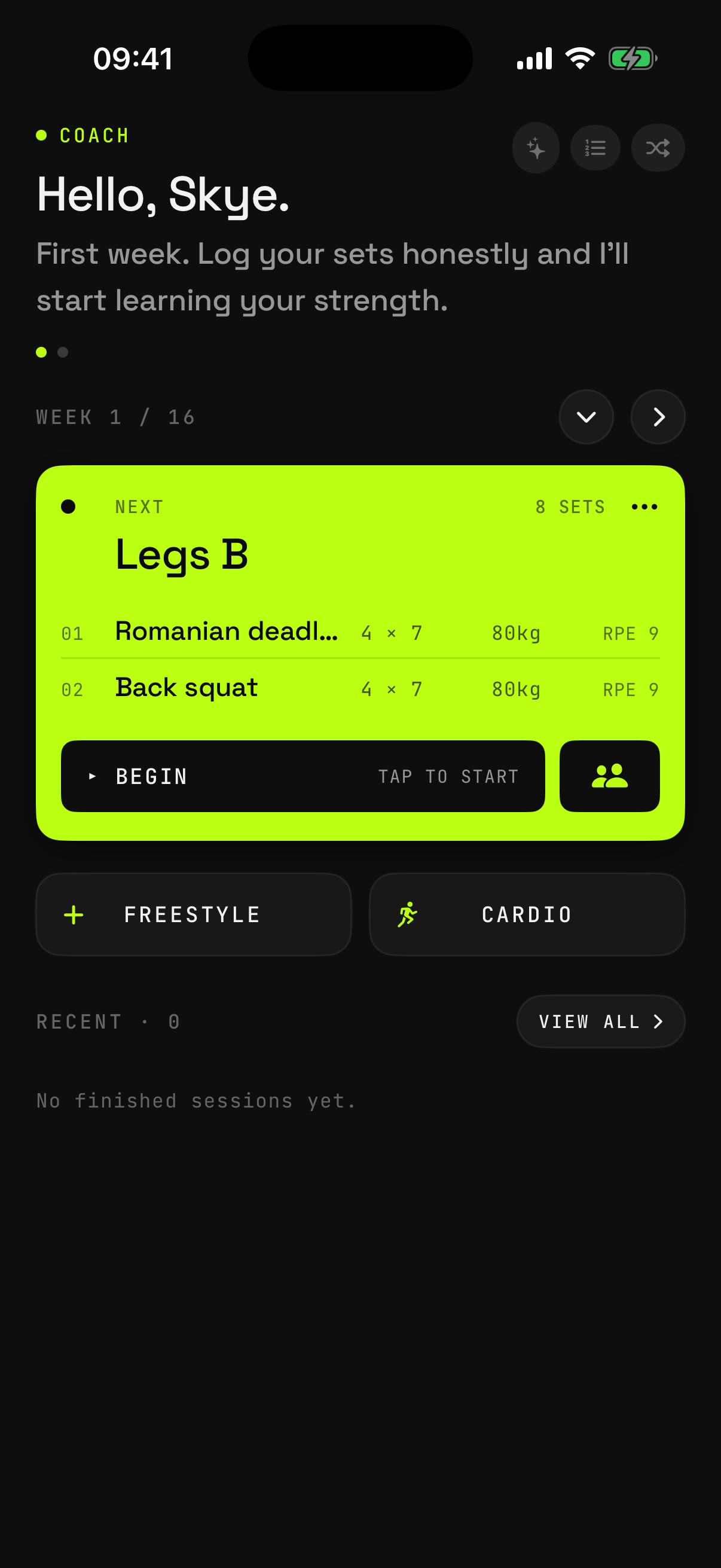 RACK dashboard showing strength and running sessions