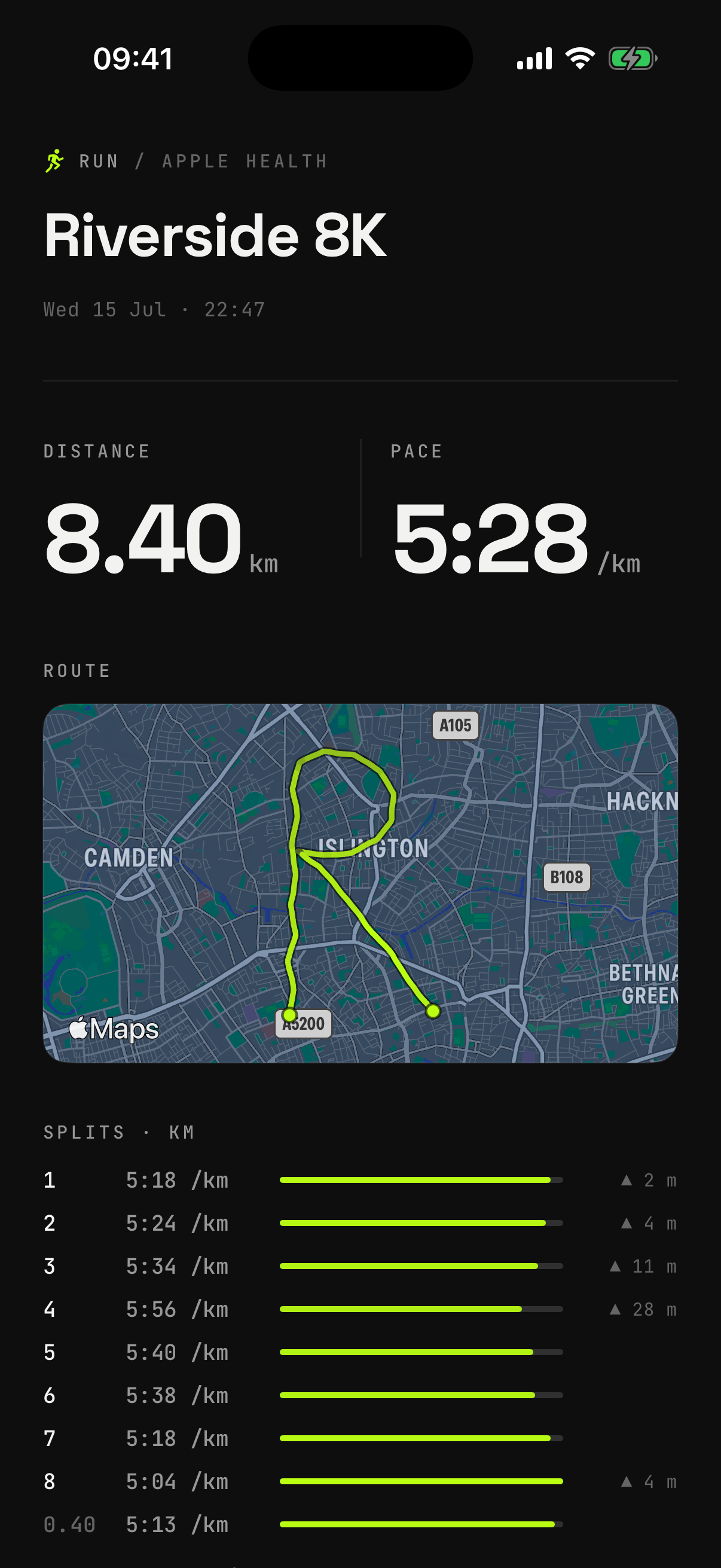 RACK run detail with pace, heart rate and splits