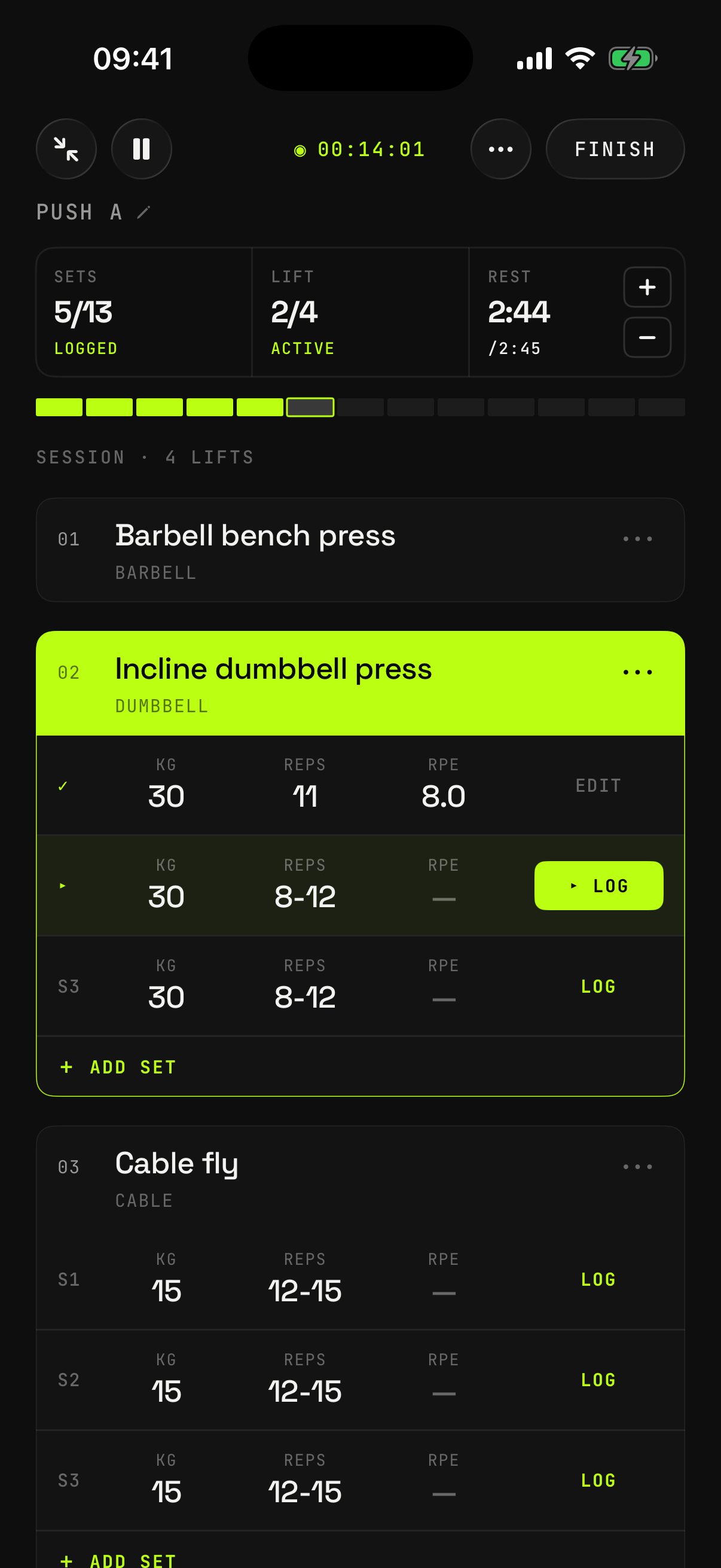 RACK active strength workout showing prescribed sets